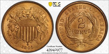 1864 2C Large Motto MS66RD