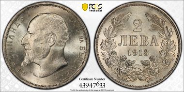 1913 2 Leva KM-32  Ag MS64
