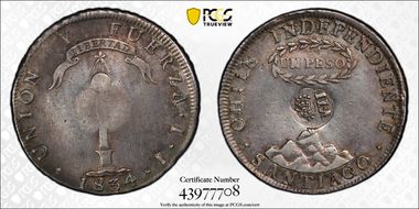 (1834-37) 8 R KM-108 C/M on Chile Peso N1