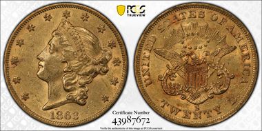 1863-S $20 AU58