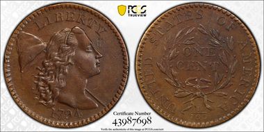 1794 1C Head of 1794 S-44, Short Bust AU50BN