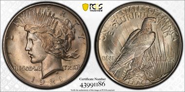 1921 $1 High Relief, Peace MS65+