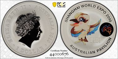 2010-P $1 Kookaburra Mascot Colorized Shanghai World Expo MS70