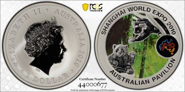 2010-P $1 Panda & Koala Colorized Shanghai World Expo MS69