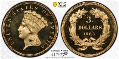 1863 $3 PR66DCAM