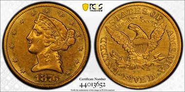 1876-CC $5 AU50