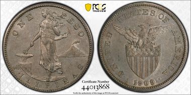 1909-S Peso KM-172  Ag AU55