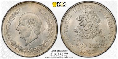 1953-Mo 5 Peso Hidalgo KM-467 Ag MS65