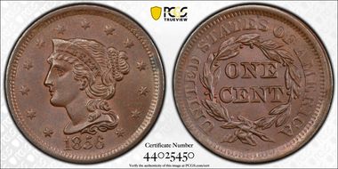 1856 1C Slanted 5 MS65BN