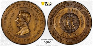 1928 Medal Detroit Coin Club 100th Meeting A.N.A. Bronze 37mm MS64