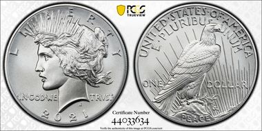 2021 $1 Peace Dollar 100th Anniversary MS70