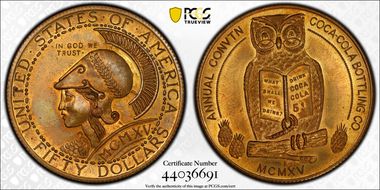 (c.1970's) Tk "$50" Jankovsky-740 Brass Facsimile Coca Cola Bottling 'Slug' MS64