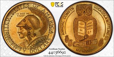 (c.1970's) Tk "$50" Jankovsky-740 Brass Facsimile Coca Cola Bottling 'Slug' MS64