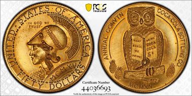 (c.1970's) Tk "$50" Jankovsky-740 Brass Facsimile Coca Cola Bottling 'Slug' MS64