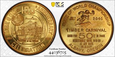 1959 Token TC-7597 Brass 34mm Oregon 100th Anniv. Celebration MS65