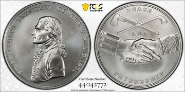 (2019) Medal Thomas Jefferson "1801"  Silver Matte Finish MS70