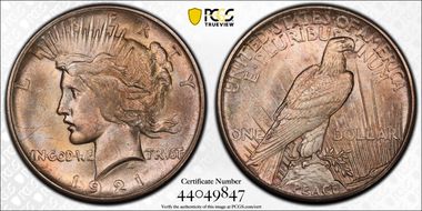 1921 $1 High Relief, Peace MS65