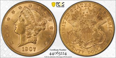 1907-D $20 AU58