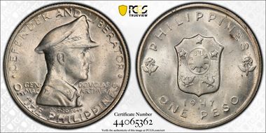 1947-S Peso KM-185 MacArthur MS65