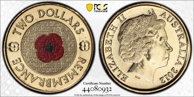 2012 $2 Remembrance Day Colorized MS68