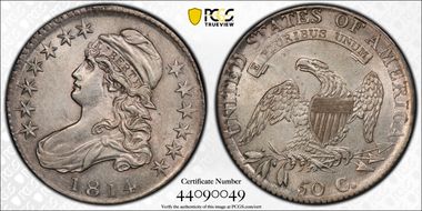 1814 50C O-105a, Single Leaf AU55