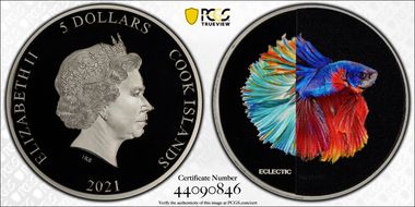 2021 $5 Eclectic Nature Fighting Fish Colorized, High Relief PR70DCAM