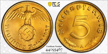 1937-A 5 Pfg J-363 MS67