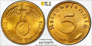 1938-E 5 Pfg J-363 MS65