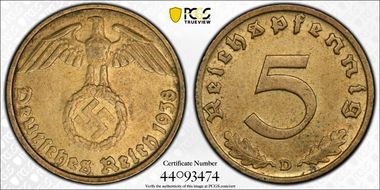 1938-D 5 Pfg J-363 MS63