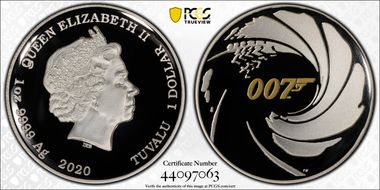 2020 $1 James Bond 007 High Relief, Selective Gilt PR70DCAM