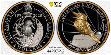 2020-P $2 Kookaburra 30th Anniversary High Relief Partial Gilt PR70DCAM
