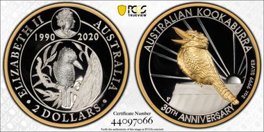 2020-P $2 Kookaburra 30th Anniversary High Relief Partial Gilt PR70DCAM