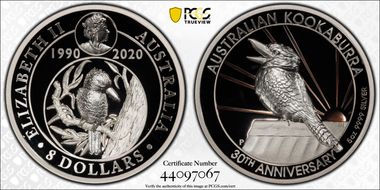 2020-P $8 Kookaburra 5oz Ag 30th Anniv. High Relief PR70DCAM