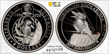 2020-P $8 Kookaburra 5oz Ag 30th Anniv. High Relief PR69DCAM