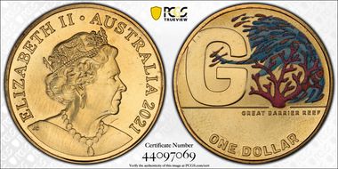 2021 $1 G- Great Barrier Reef Colorized Great Aussie Coin Hunt MS67