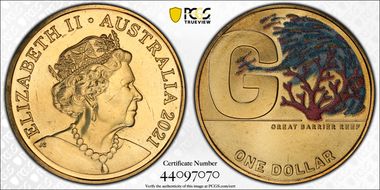 2021 $1 G- Great Barrier Reef Colorized Great Aussie Coin Hunt MS67