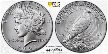 2021 $1 Peace Dollar 100th Anniversary First Strike MS70