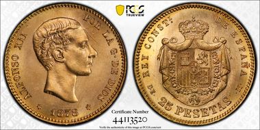 1878-DE M 25 Pta (1878) KM-673  Au MS65