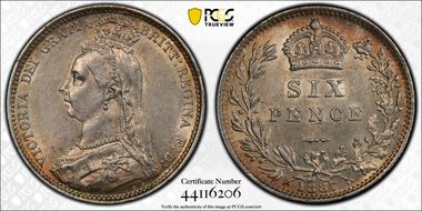 1887 6D S-3929 Value Rev AU58