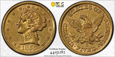 1855-S $5 AU50