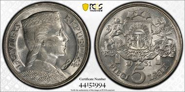 1931 5 Lat KM-9  Ag MS61