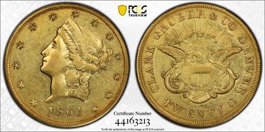1861 $20 Clark, Gruber & Co. AU58