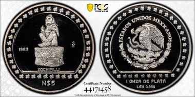 1993-Mo 5 Peso Xochipilli KM-647  Ag PR68DCAM