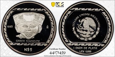 1993-Mo 5 Peso Carita Sonriente T-1 KM-584  Ag PR69DCAM