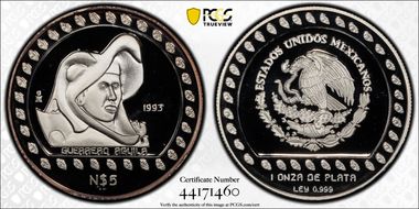 1993-Mo 5 Peso Guerrero Aguila KM-646  Ag PR69DCAM