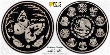 1999-2000-Mo 5 Peso Millennium Series Butterfly PR69DCAM