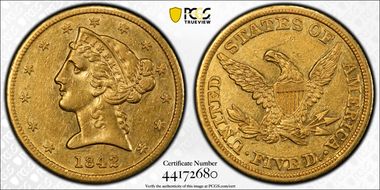 1842 $5 Large Letters AU50