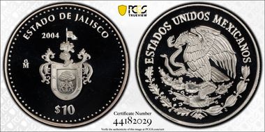 2004-Mo 10 Peso Jalisco KM-749  Ag PR69DCAM