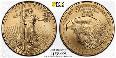 2021-W $50 Burnished Gold Eagle - Type 2 First Strike SP69