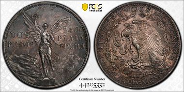 1921-Mo 2 Peso Centennial, 9 Tail F. KM-462  Ag AU58